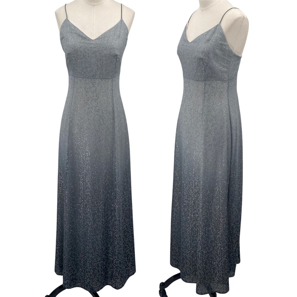 Vintage 90s Y2k Ombre Gown Formal Prom Floral Glitter Silver Gray Black XS 0/2